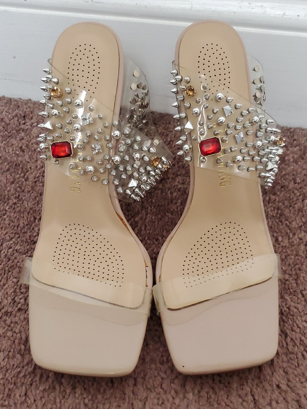 Azalea WangClear Slide Sandals with Red Gem